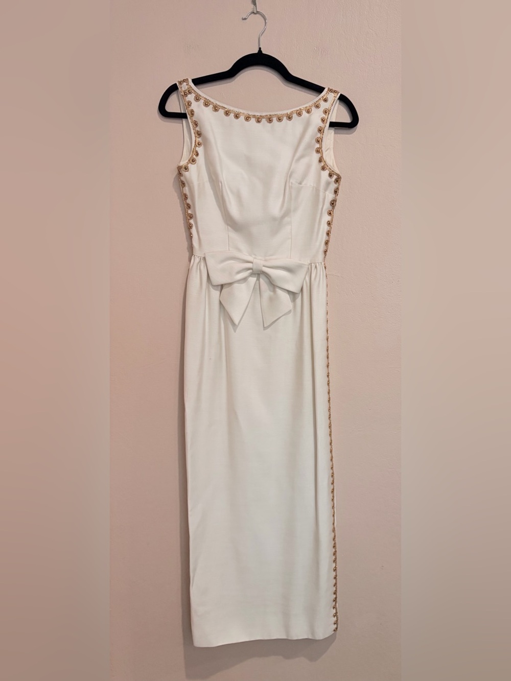 Gorgeous Ivory Column Midi Dress, w/ Gold Medallion Ribbon Trim and Bow Accent